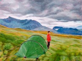 woman by tent
